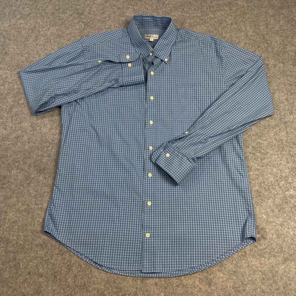 Peter Millar Mens Button Down Shirt L Blue Gingham Cotton Long Sleeve Golf